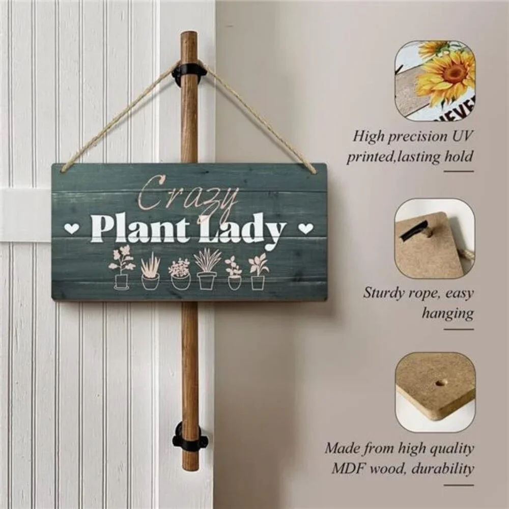 Heuhuww Plant Lover Gifts,Crazy Plant Lady Wood Sign 6x12 Inch Funny Garden